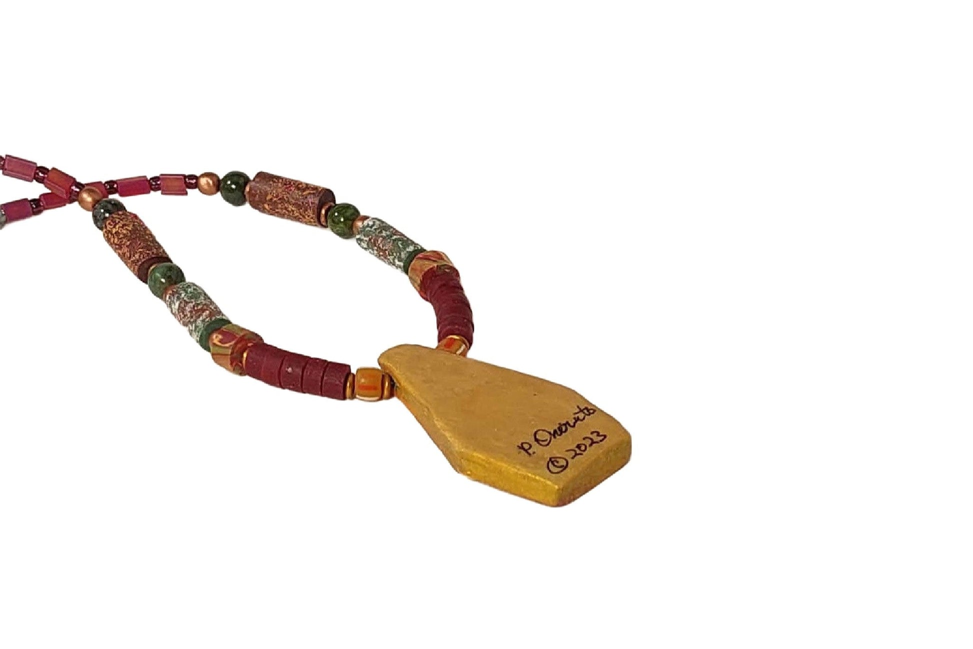 Back of Geometric Collage Pendant Necklace. Pendant is nicely finished, and is signed and dated by the artist. Very lightweight piece.  Free shipping in the US.