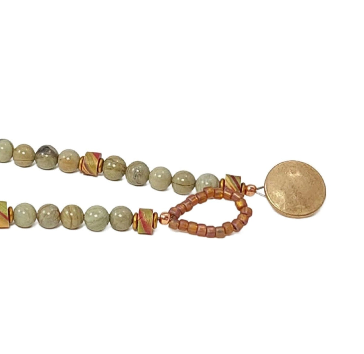 Detail of button and loop clasp on Woodland Walk Pendant Necklace. Free shipping in the US.