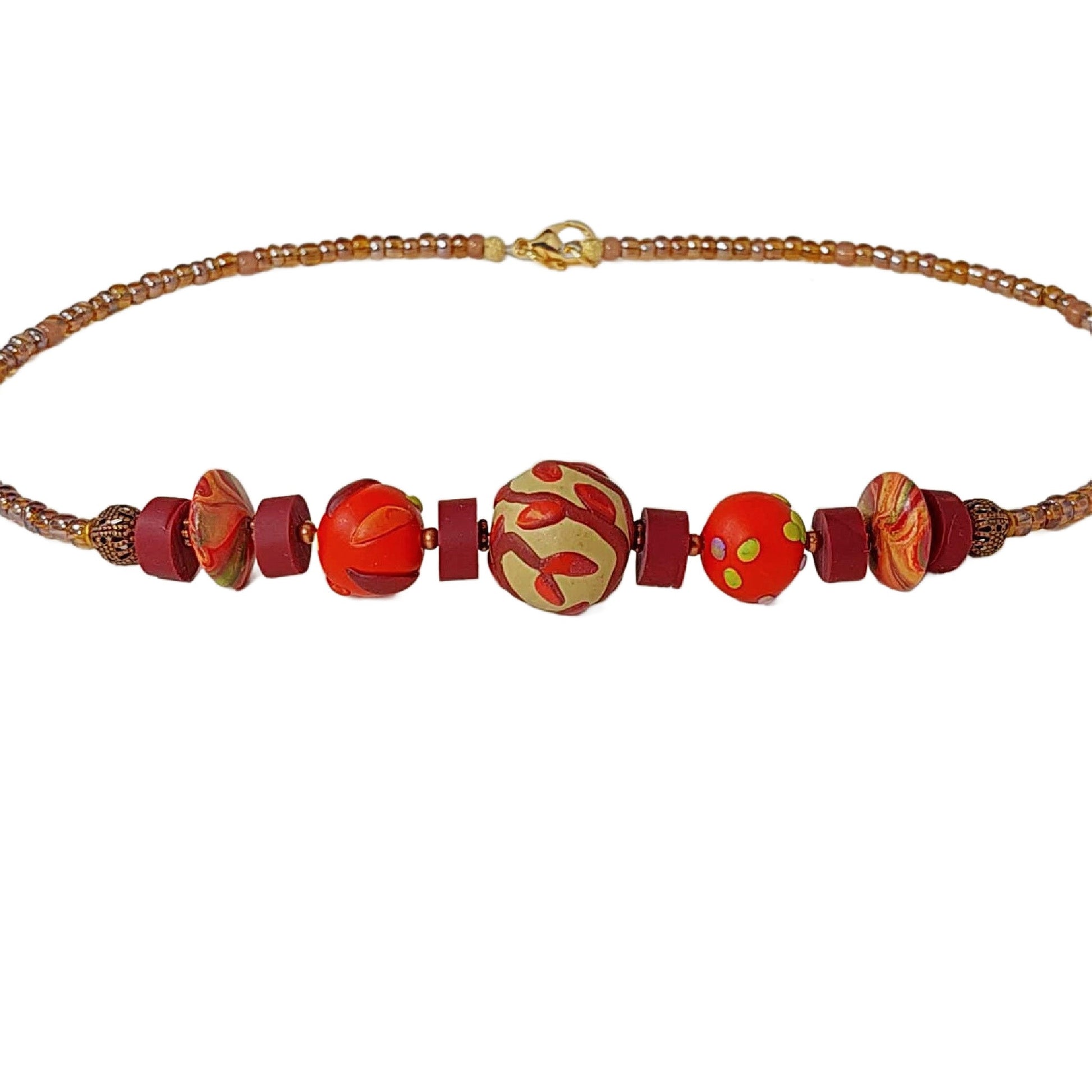 Rustic Leaves Bead Necklace, detail of polymer clay beads. Designed for women to enhance their personal style. Lightweight and comfortable. Free shipping in the US.