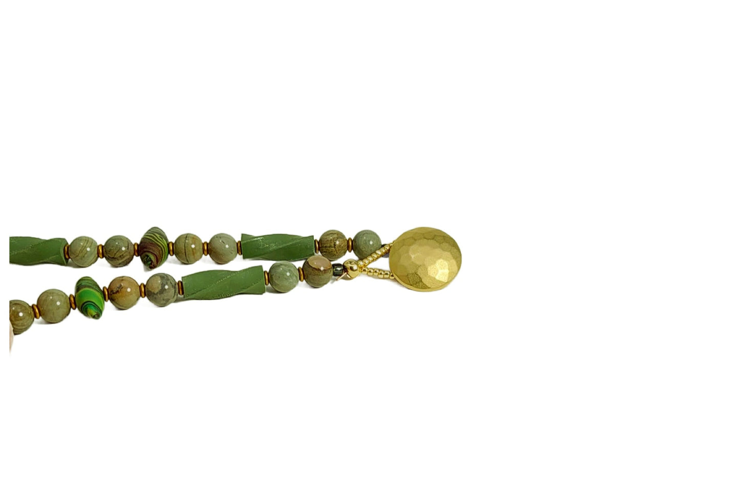 Detail of button and loop closure in gold. Necklace is lightweight. Free shipping in the US.