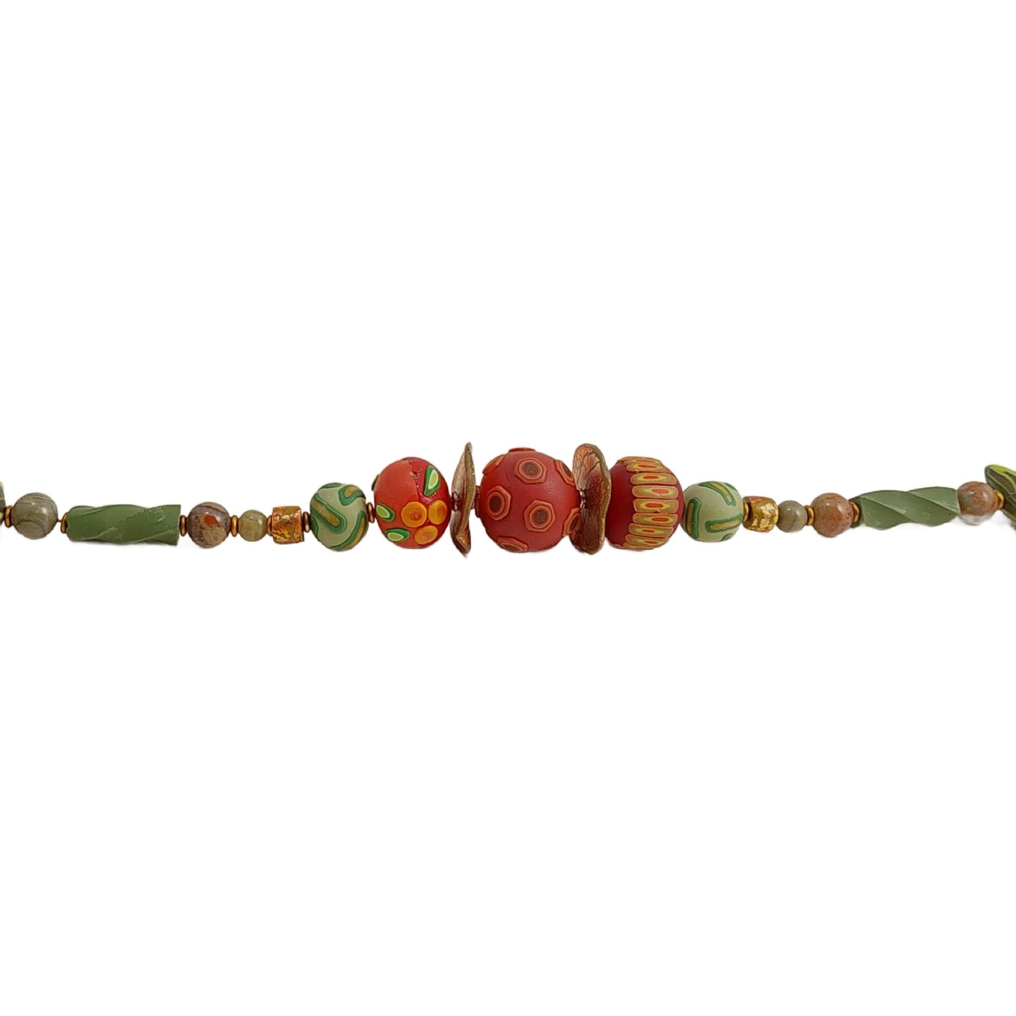 Detail of three russet hued focal beads with pod, berry, and leaf design.  Lightweight. and versatile for day or evening! Free shipping in the US.