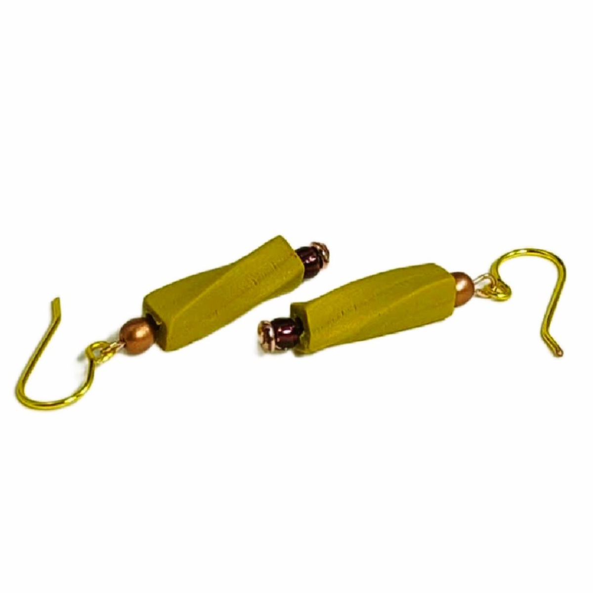 Pair of chartreuse earrings with gold hooks on a white background